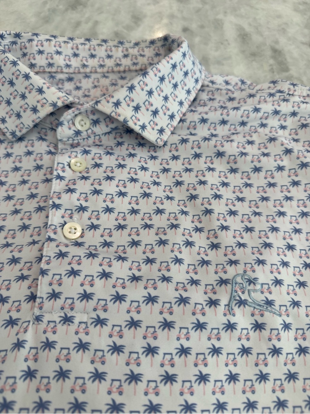 Rhoback Koopa White Golf Polo with Blue Palm & Pink Golf Cart 
Print